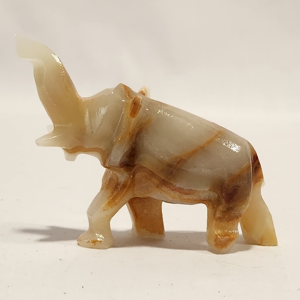 Onyx Marble Stone‎ 4" Elephant Statue Figurine Trunk Up Good Luck White Brown